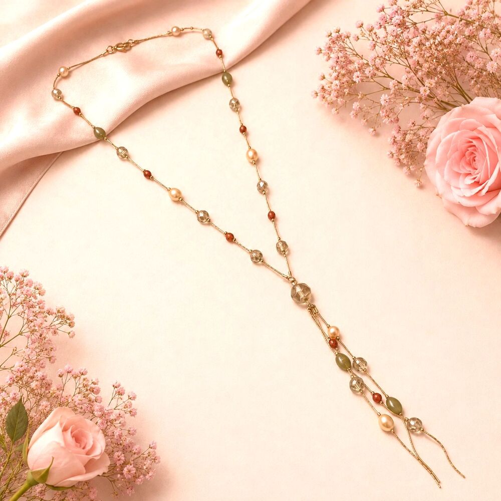 Gold Tone Earth Tone Bead Y Drop Tassel Necklace Faux Pearls - Picture 2 of 8